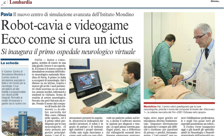 articolo di giornale su primo centro di simulazione avanzata